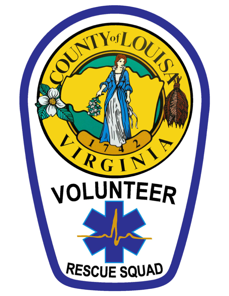 Logo of the county of louisa, virginia volunteer rescue squad, featuring a shield shape with an image of a woman holding flowers, a bald eagle, and a blue star.