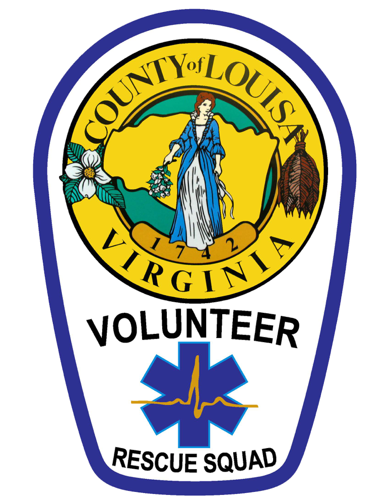 Logo of the county of louisa, virginia volunteer rescue squad, featuring a shield shape with an image of a woman holding flowers, a bald eagle, and a blue star.