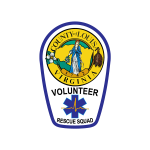 A badge for the Louisa County, Virginia Volunteer Rescue Squad. It features a blue border with "Volunteer Rescue Squad" text at the bottom and a central emblem showcasing a figure with agricultural symbols and the state bird in a yellow background.