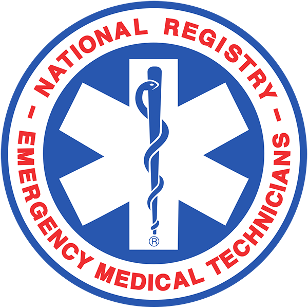 Logo of the National Registry of Emergency Medical Technicians, featuring a blue star of life with a rod of Asclepius in the center, surrounded by a blue and white border with red text.